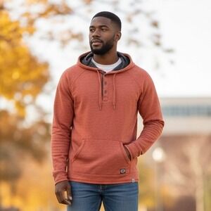 NEW Men's Heathered Henley Hoodie Brick Red Pockets Men's Size Small Skater Surf